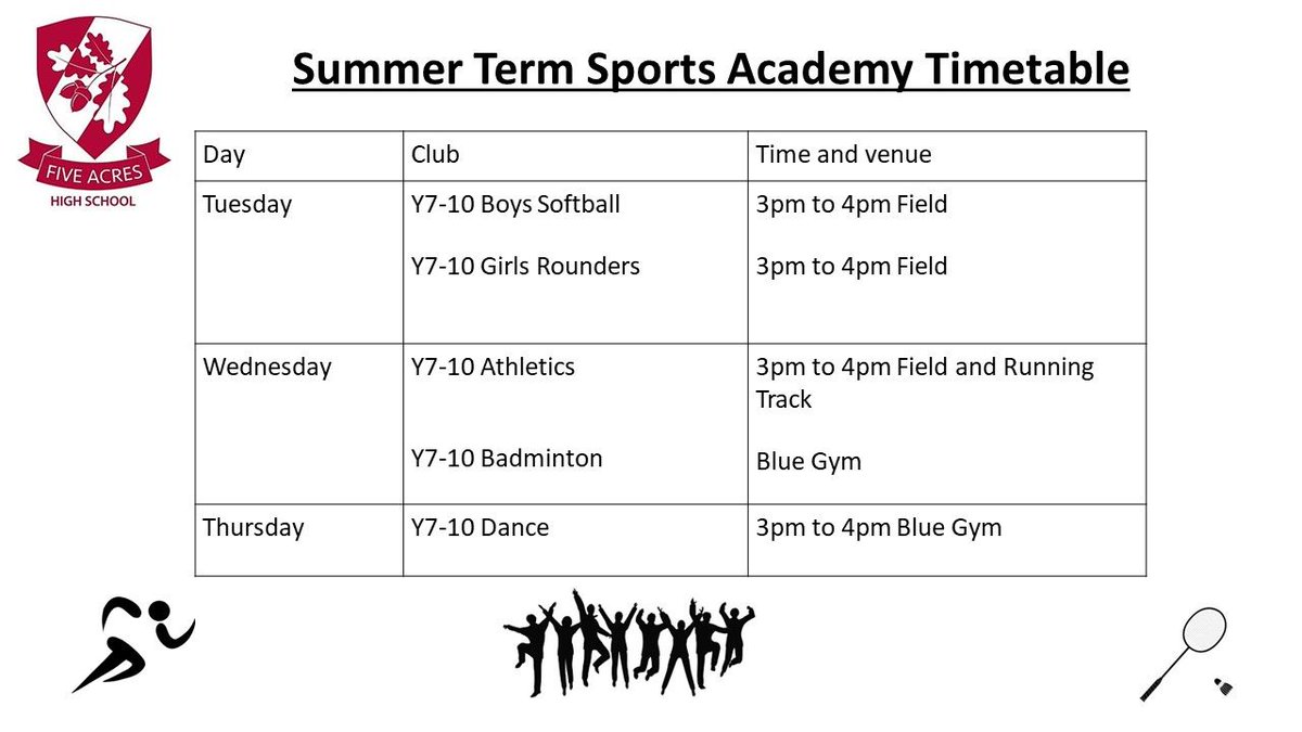 Sports Academies and Societies will start next week. See the image for what's in store for the Summer term.