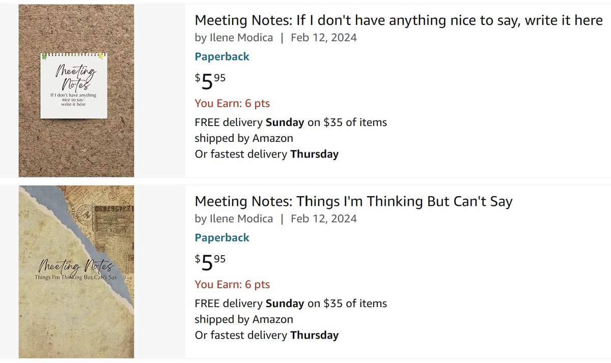 I decided to create two notebooks for sale on Amazon. For you or someone you know... or a gift!
Go to Amazon.com and search 'Ilene Modica'

#meetingnotes #MeetingNotebook #gag #gaggift #giftideas2024 #GiftIdea #giftsformen #GiftForWomen #work #notetaking #gaggifts