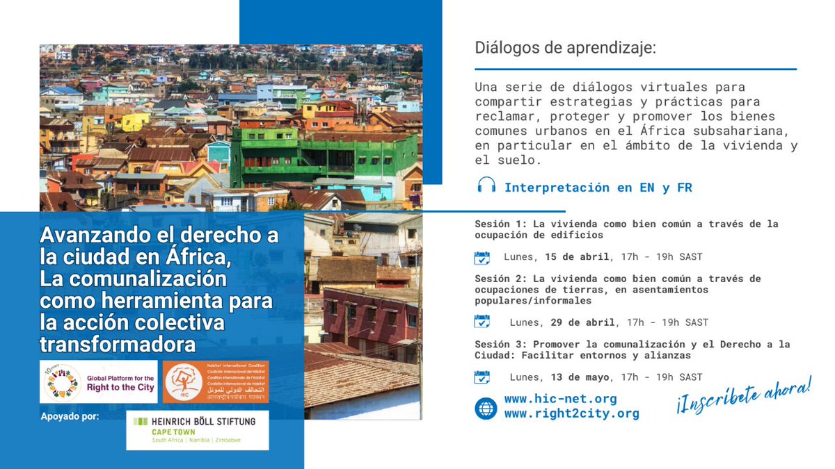 @federationdal @AssoalCameroun 📢 No te pierdas estos diálogos de aprendizaje sobre los bienes comunes urbanos en África 🟠 Sesión 1 - La vivienda como bien común a través de la ocupación de edificios 📆 Lunes 15 de abril – 17h - 19h hora local de Sudáfrica ✍🏾 Inscripciones: us06web.zoom.us/meeting/regist….