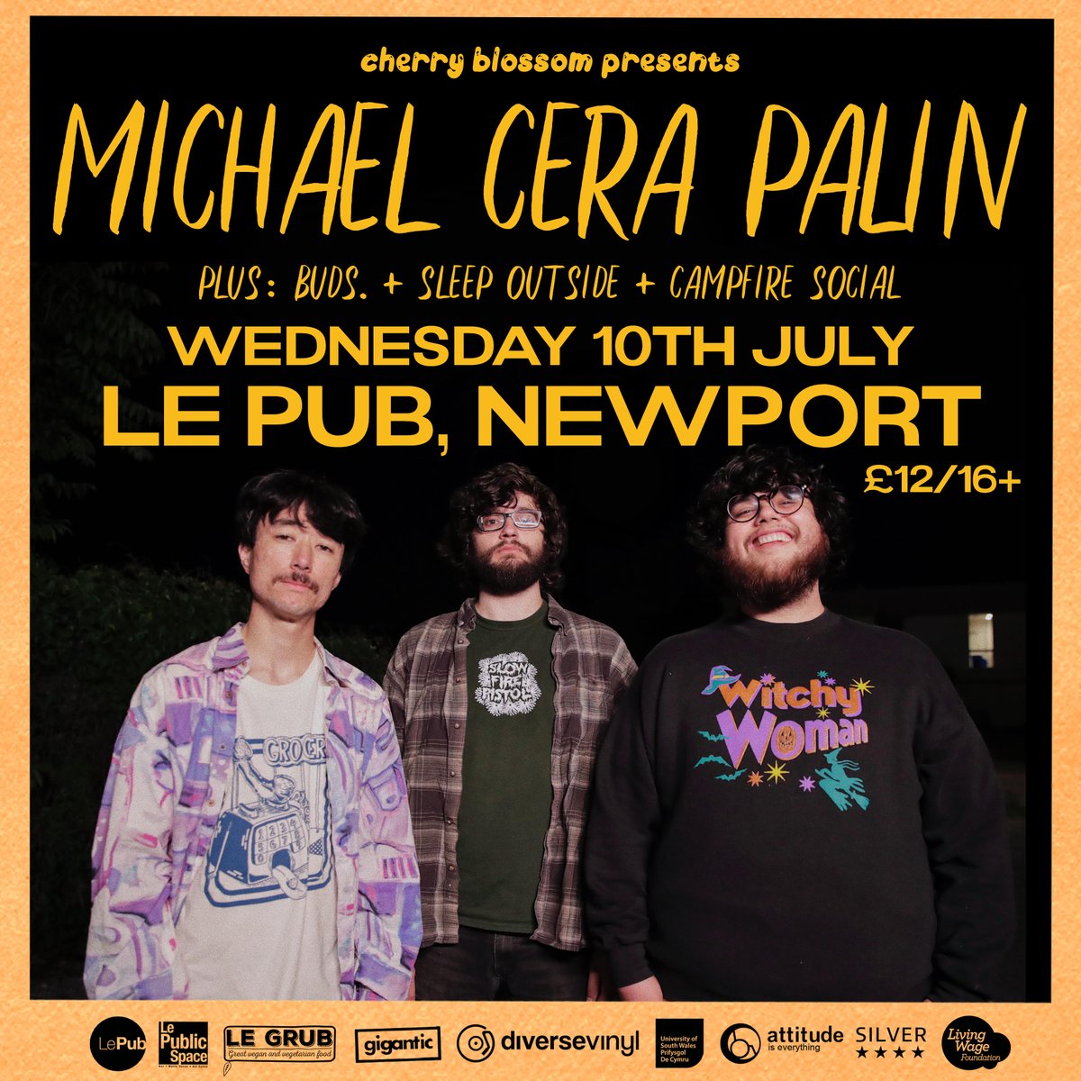 🌞 Support announcement 🌞 Joining Michael Cera Palin are @budsfullstop, @sleepoutsidecc and @campfire_social! Stacked line up, tickets are on sale rn! Get to it 👇 bit.ly/MCPLePub