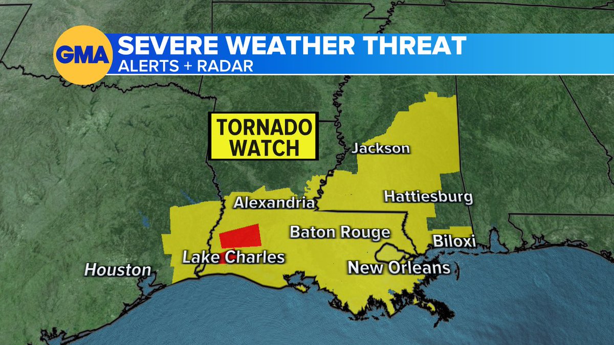 6:25 am CT LOUISIANA/MISSISSIPPI: large area added to TORNADO WATCH - this means tornadoes are possible, be near a shelter and when a warning is issued get in the shelter immediately. Watch expires 1 pm CT Wednesday #NewOrleans #Jackson #Louisiana #Mississippi #BatonRouge