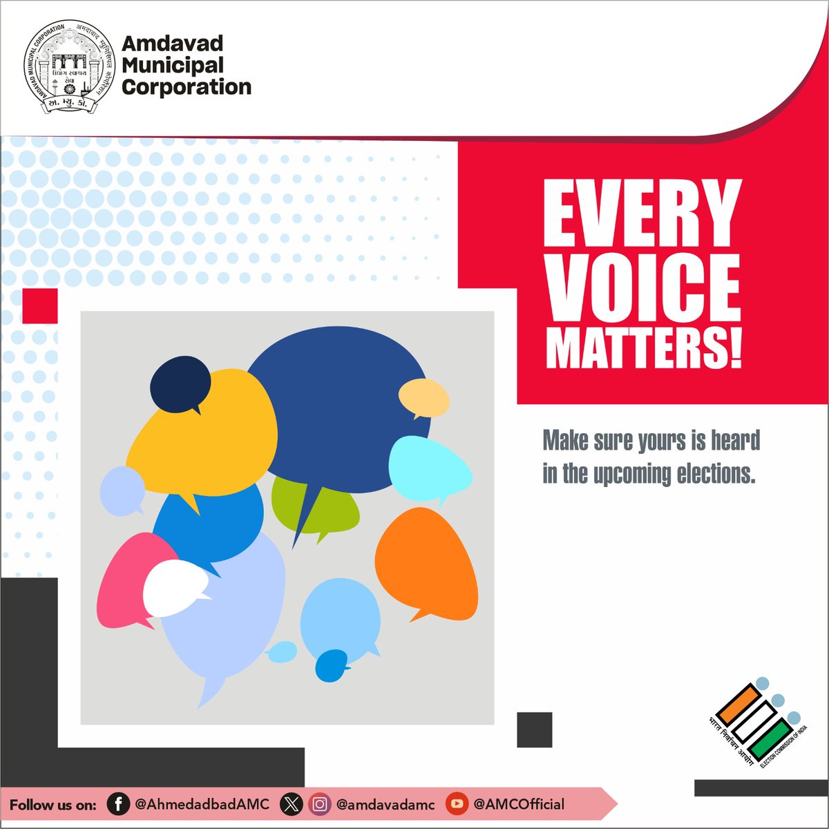 Democracy thrives when everyone participates. Don't let your voice go unheard. Make sure to cast your vote in the upcoming elections.
(1/2)

#amc #amcforpeople #ChunavKaParv #DeshKaGarv #votematters #elections2024 #meravotedeshkeliye #ahmedabad #municipalcorporation