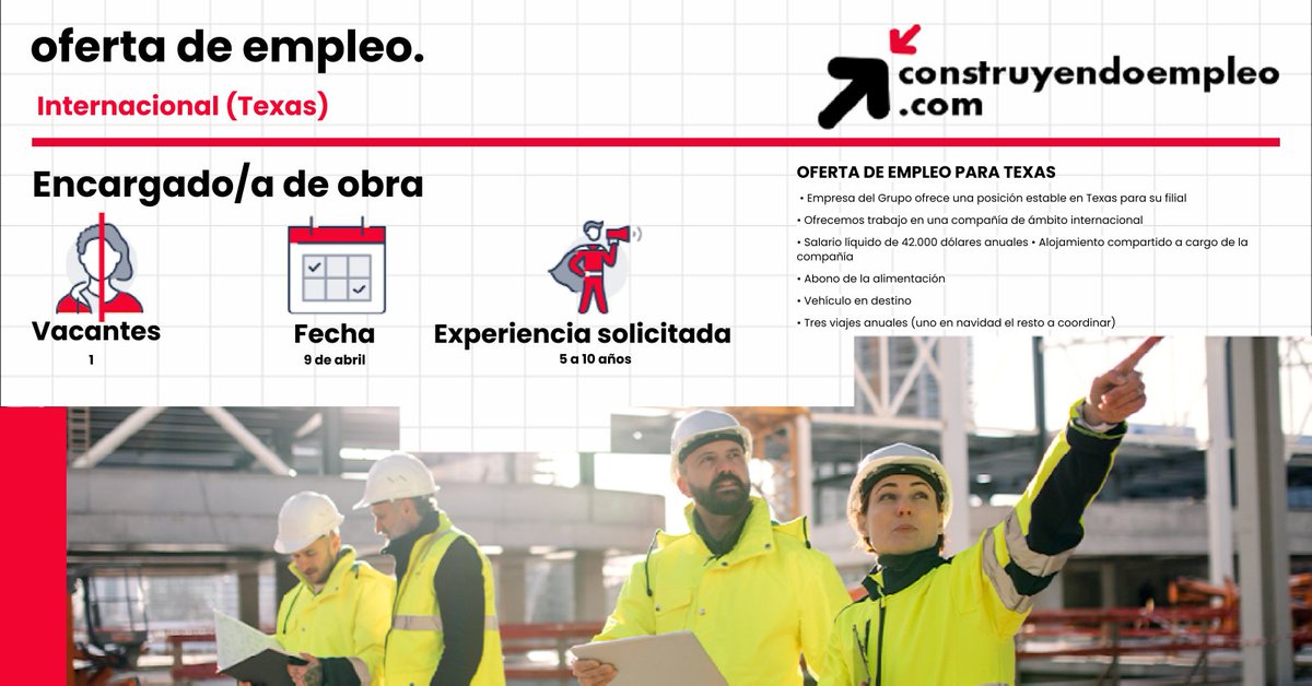 ⚠ Consulta nuestro portal de #empleo, y conoce las últimas vacantes en construcción: 💼 Encargado/a de obra, Internacional construyendoempleo.com/#/mainPage?off… 💼 Técnico/a de estudios/contratación, #ACoruña construyendoempleo.com/#/mainPage?off… 💼 Soldadores/as y oxicortadores/as, Tafalla, #Navarra…