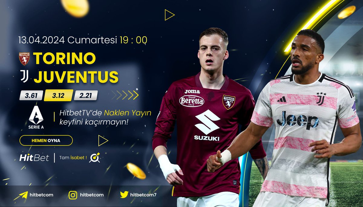 #Torino⚜ #Juventus karşılaşması #SerieA heyecanı ile bu akşam saat 19:00'da #Hitbet'te!

🌐Güncel Giriş : h.t2m.io/Hitbet-Twitter

📺 Maç Yayınları  : h.t2m.io/HitbetTV

🎯#Hitbet #Tamisabet