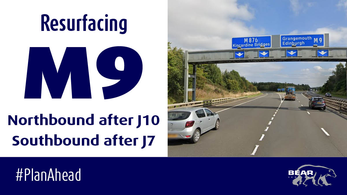 Overnight resurfacing is programmed on the #M9 northbound after Junction 10 and on the #M9 southbound after Junction 7. 🚧 Northbound works after J10 - 17 April, 19:30-06:00 🚧 Southbound works after J7 - 18 & 19 April, 19:30-06:00 Details: bearscot.com/resurfacing-im…