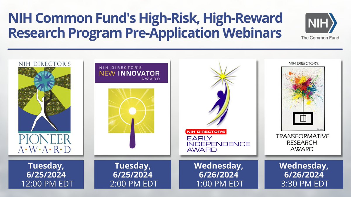 Don't miss out on the #NIHHighRisk Research Program #FundingOpportunity webinars! If you are an #innovative researcher at any career stage, register today to learn more about applying for these opportunities. See more: commonfund.nih.gov/highrisk