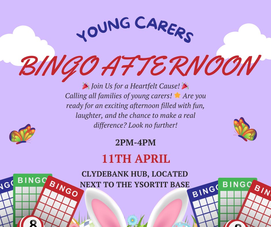 📣CALLING FAMILIES OF CLYDEBANK YOUNG CARERS - JOIN US TOMORROW📣 Here's what's in store: 🎉 Bingo Bonanza 🎁 Raffle Extravaganza 🤝 Community Spirit Spread the word, bring your friends & family, and let's make this Bingo & Raffle Session a celebration of support. See you there!