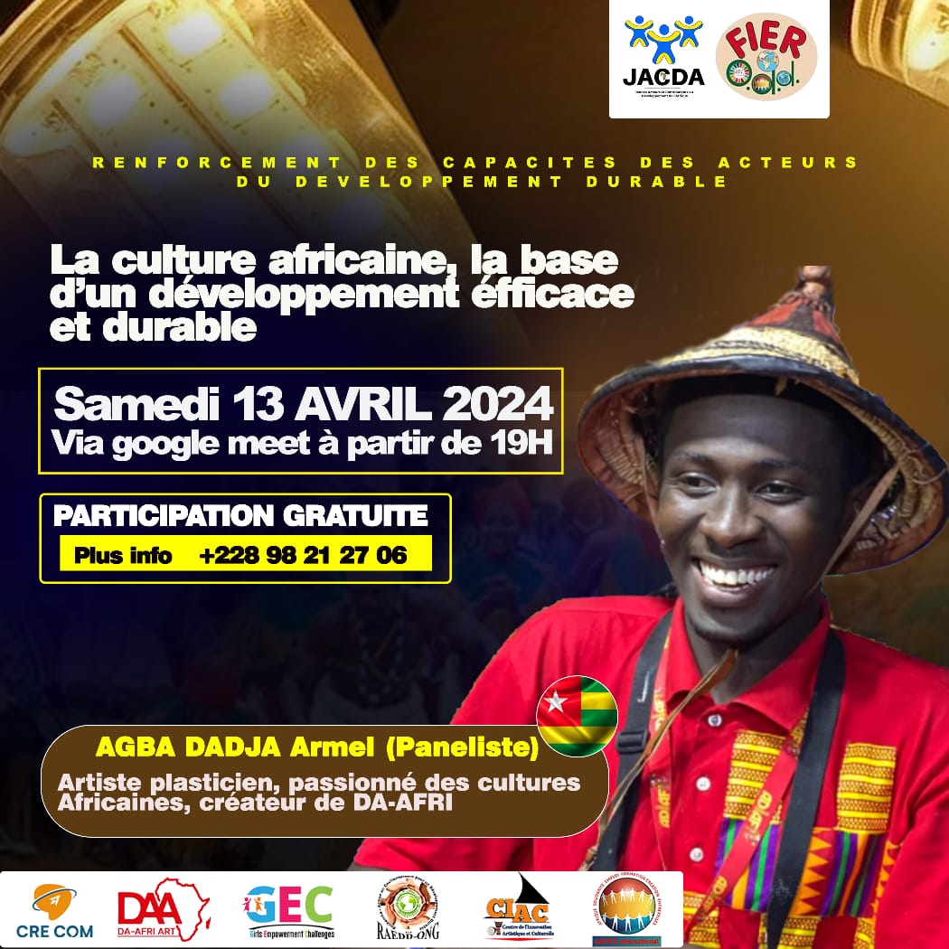 webinaire LA CULTURE AFRICAINE LA BASE D'UN DEVELOPPEMENT EFFICACE ET DURABLE - Remerciements à l'artiste plasticien Togolais DA AFRI paneliste.