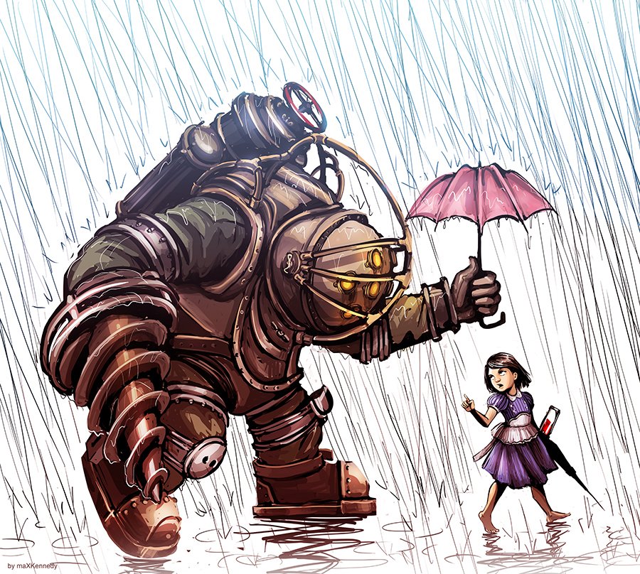 1girl short hair black hair 1boy armor umbrella robot rain  illustration images