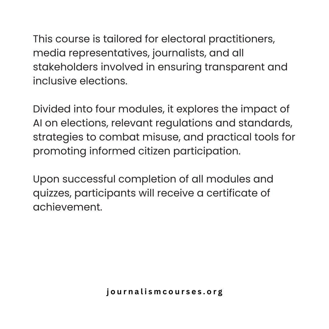 Invitation to Join UNESCO's MOOC on Freedom of Expression, AI, and Elections

journalismcourses.org/product/freedo…

#freeexpressionforall #freeexpression #campaignforfreeexpression #mediamonitoringafrica #CPJ #CFE #viralpostfb #Trending #TrendingNow