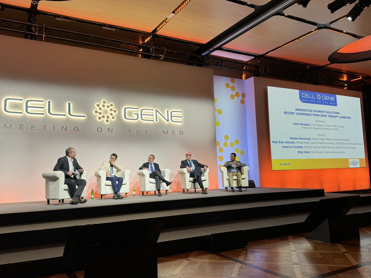 reps from @alliancerm, Italian Ministry of Health, @eurordis, @Telethonitalia & Autolus holding a thoughtful but hard discussion on the need for innovative payment solutions to support & sustain patient access to cell & gene therapies #CGMed24