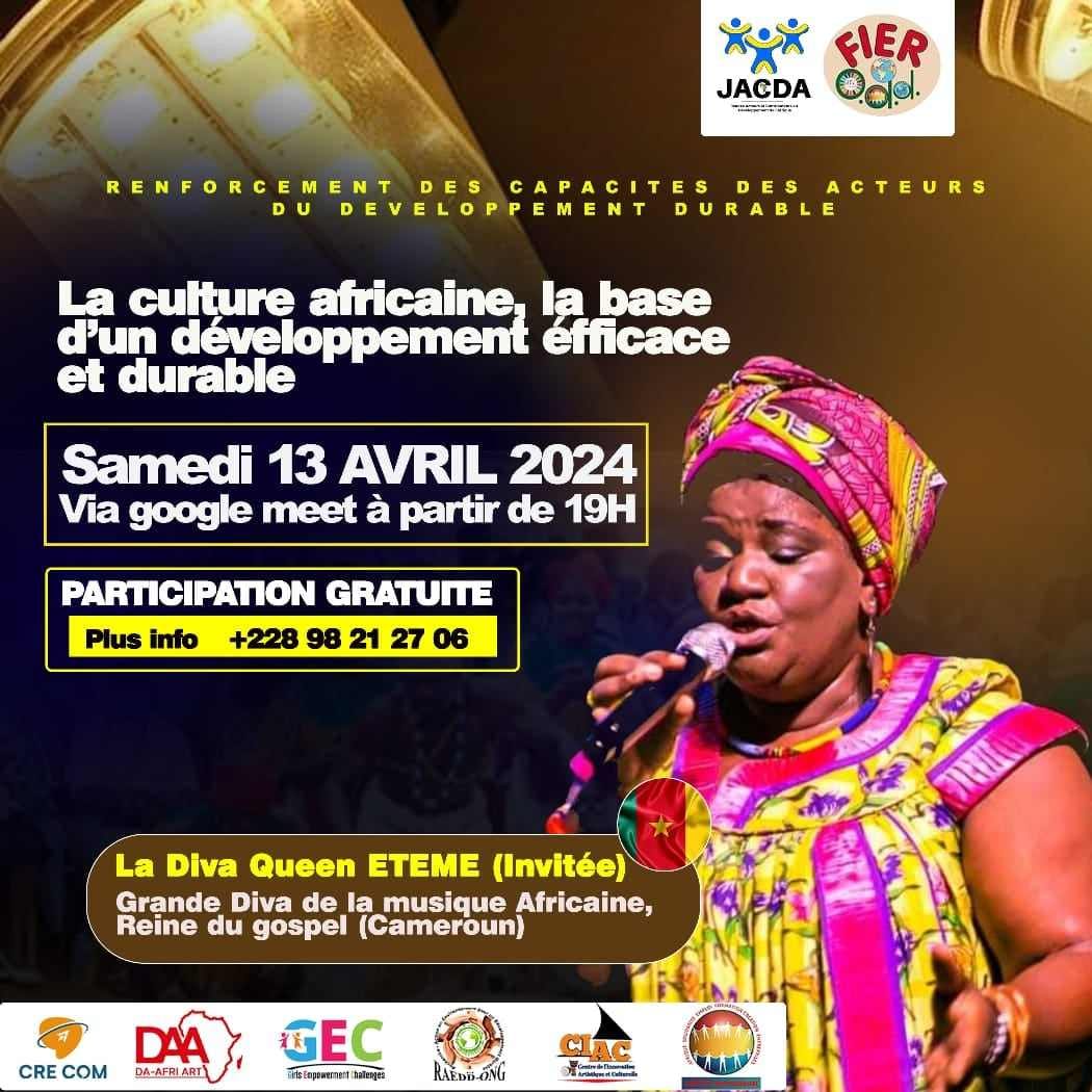 Remerciements à La Diva Queen ETEME, artiste internationale de la musique africaine, reine du Gospel pour sa présence confirmée au Webinaire LA CULTURE AFRICAINE LA BASE D'UN DEVELOPPEMENT EFFICACE ET DURABLE animé par l'artiste plasticien Togolais DA AFRI.