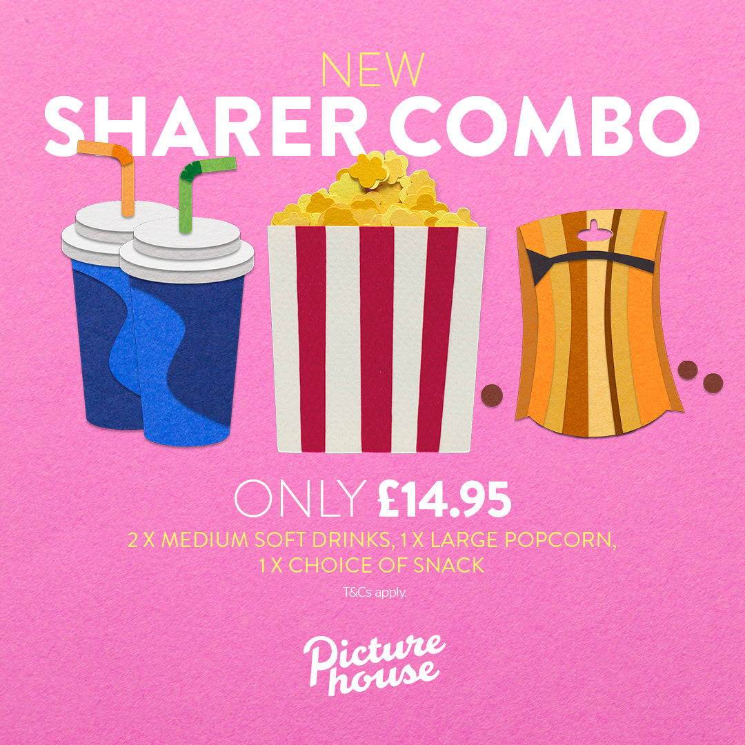Cinema date on the cards? 🍿 Bag yourself and your cinema-going buddy the perfect movie accompaniment with our Sharer Combo — that's a large popcorn, snack of your choice, and two soft drinks for just £14.95!