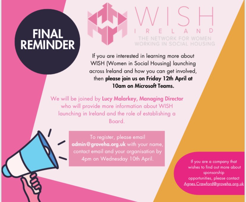 🚨 Final Reminder 🚨 Join us on Friday at 10am to hear from Lucy Malarkey, Managing Director of WISH on the launch of WISH Ireland and the role of establishing a board. Register at: admin@groveha.org.uk