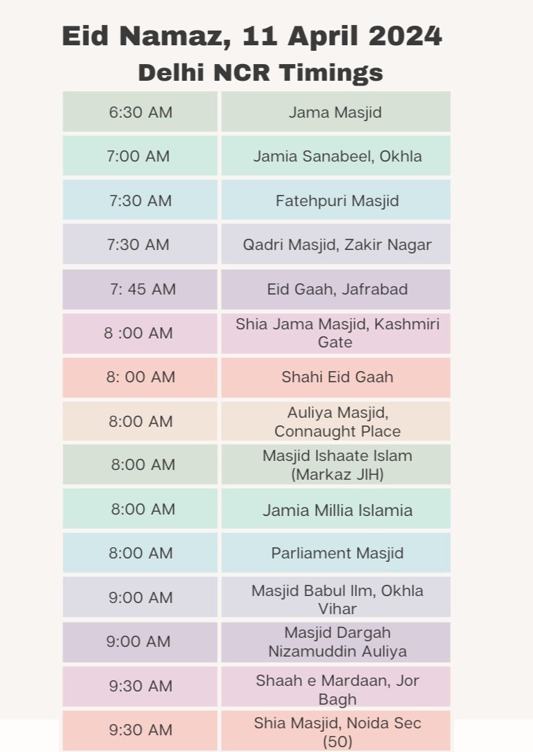 📣 #Eidmubarak2024 Namaz timings on 11th April in Delhi NCR.