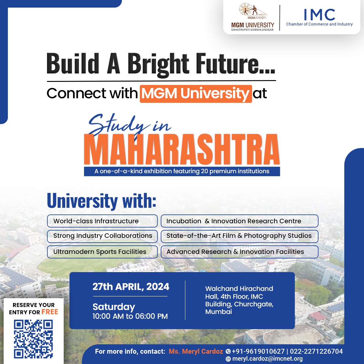 The key to your bright future is just a few weeks away! Join us at the #StudyInMaharashtra and get an opportunity to connect with the representatives from @MGM_University 🗓️ 27th April 2024 (Saturday) 🕰️ 10:00 AM - 06:00 PM 📍 Walchand Hirachand Hall, 4th Floor, IMC