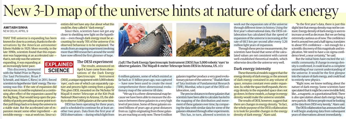 imRavikantYadav's tweet image. 'New 3-D map of the Universe hints at nature of Dark Energy'

:Details by Sh Amitabh Sinha

DarkEnergySpectroscopicInstrument #DESI -Collaboration of900 #researchers Institutions,#TIFR India's participant, findings, impact &amp;amp;
More

#DarkEnergy #universe 
#Science 

#UPSC
Source:IE