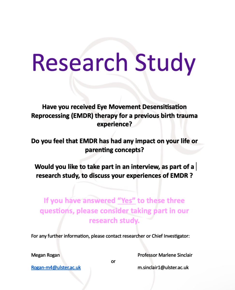 🌟 Calling women who have received EMDR therapy for birth-related trauma!🌟

Your journey matters &amp; could help shape vital research. If you answer ‘Yes’ to the 3 questions in the poster below &amp; are willing to share your experience, we’d love to hear from you. DM for details!