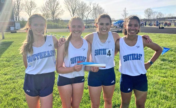 Southeast-Cherokee girls 4x800 set a new school record at the Pleasanton meet with a time of 11:06 left to right-Karilee Kimrey, Kendyl Renn, Eliz White, and Journee Rimmer #SEKelite #SEKsports