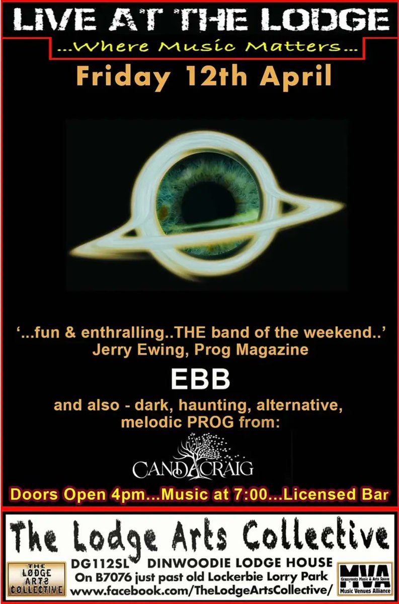 After taking Glasgow, Edinburgh and Belfast by storm and with a pending feature in @ProgMagazineUK, we are very proud to present @EBBband on their home turf with @candacraig this Friday!! Bar open from 16.00, music at 19.30! #music #independentvenue #artscommunity #Scotland