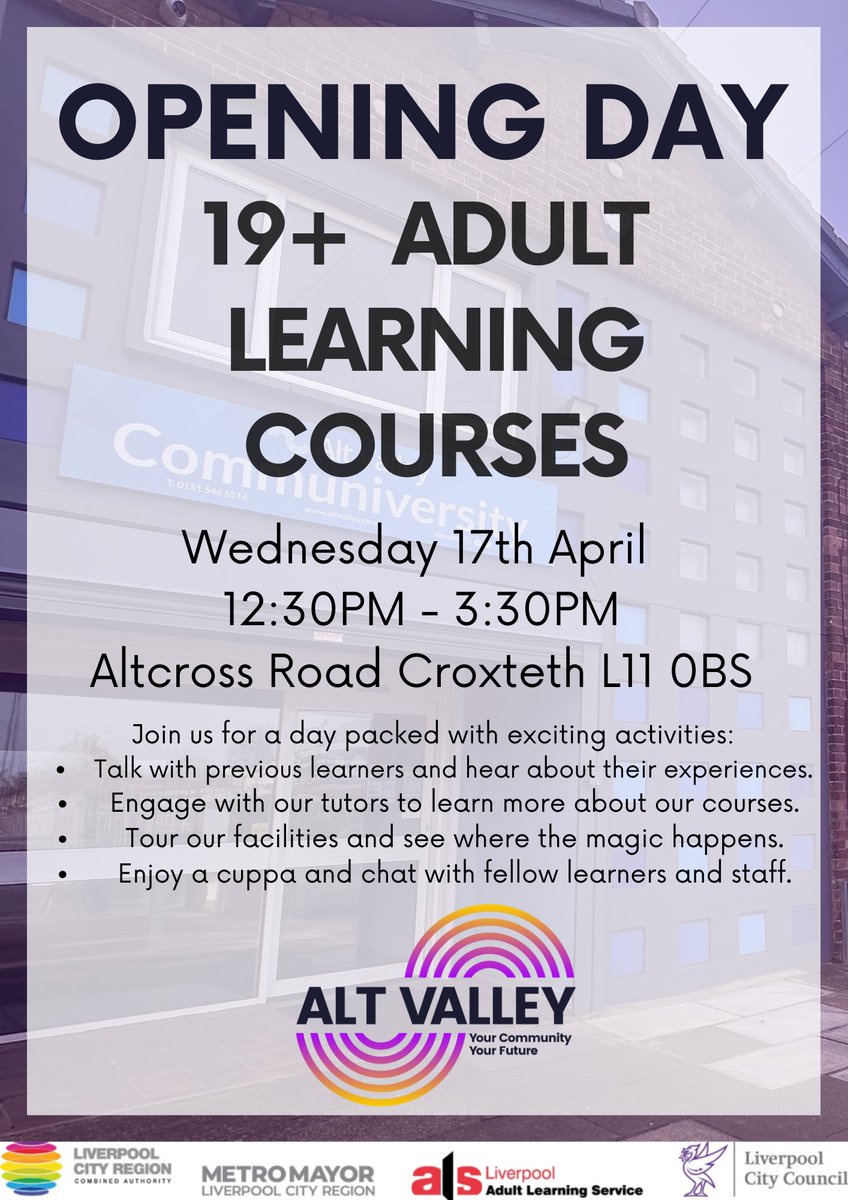 Alt Valley Community Trust (@AVCT) are hosting an Open Day next Wednesday 17th April for their 19+ Adult Learning Courses. The day will run from 12.30pm - 3.30pm at Altcross Road, Croxteth, L11 0BS. Why not come along for a cuppa and a chat to learn more about their courses.