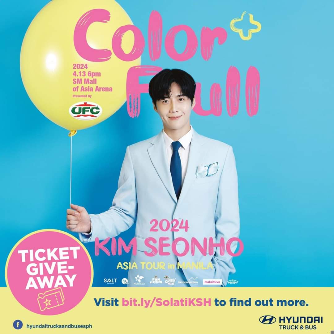‼️GIVEAWAY ALERT ‼️ Experience Color+Full with Kim Seonho in Manila! Hyundai Truck and Bus Philippines is giving away 15 pairs of tickets to customers for the Color+Full 2024 Kim Seonho Asia Tour in Manila happening on April 13, 2024 at 6:00 PM at the SM Mall of Asia Arena.