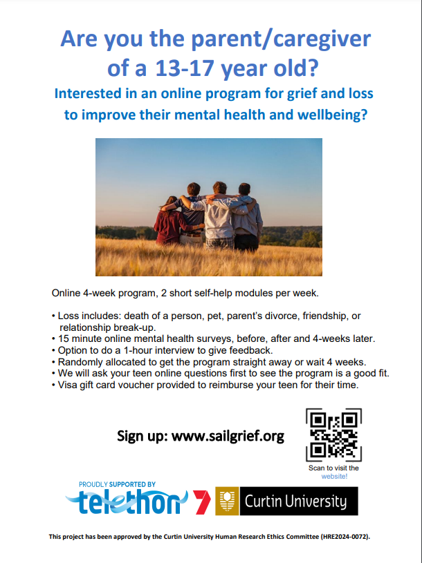 Are you the parent of a young person aged 13-17? We're looking for Australian teens to do a new online cognitive behaviour therapy program for grief. For more info and to sign up: sailgrief.org ⛵️ Please RT! @Telethon7 #telethon7 #griefandloss #MentalHealthSupport