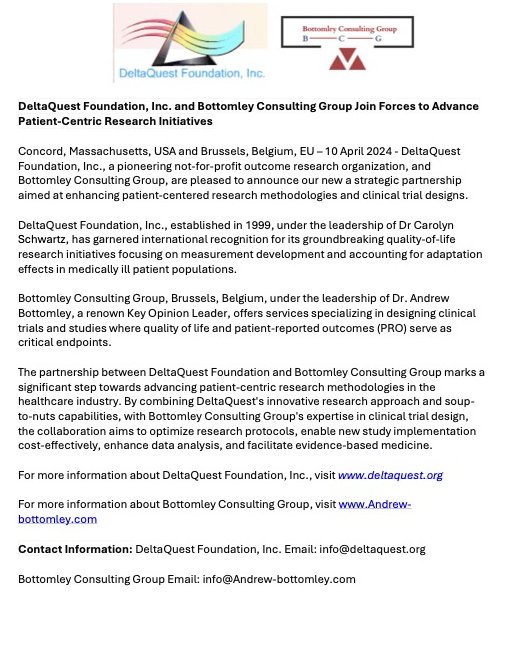 🌟 Exciting Announcement! 🌟

We are thrilled to share some big news with our  community!

🤝 DeltaQuest Foundation, Inc. USA and Bottomley Consulting Group, Belgium  Join Forces to Advance Patient-Centric Research Initiatives 🤝
