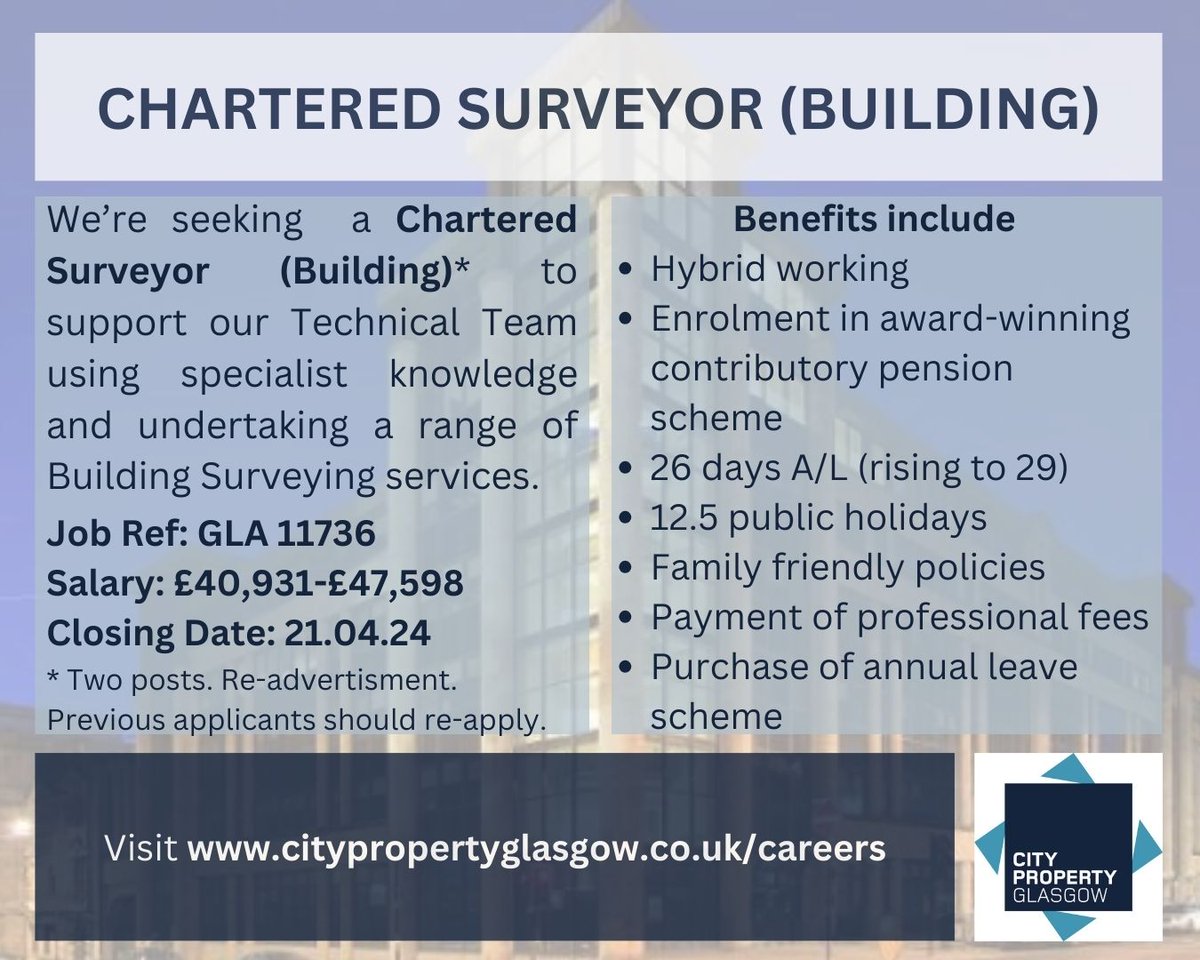 We're seeking a Chartered Building Surveyor. The ideal candidate must be MRICS qualified and ideally have Building Surveying experience across a diverse portfolio. See: citypropertyglasgow.co.uk/careers

#PropertyJobs #GlasgowJobs #BuildingSurveying #CharteredSurveyor #MRICS