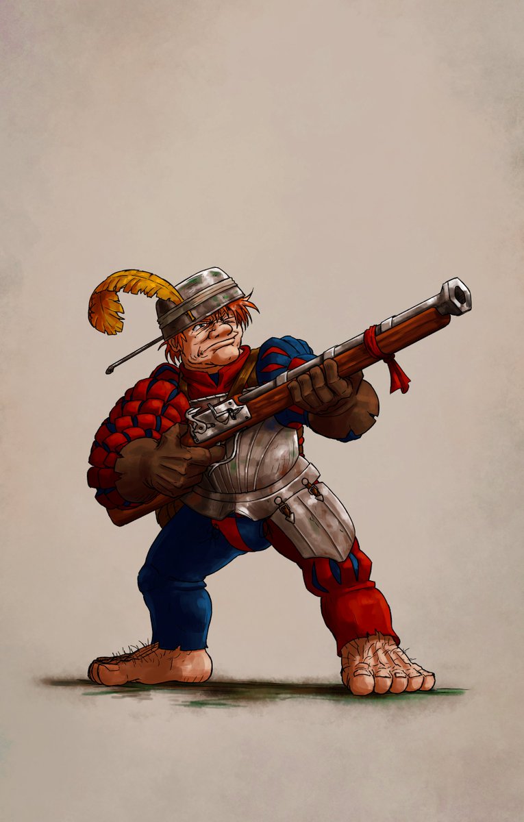 A brave Halfling State-Trooper resplendent in the colors of Altdorf, the capital of the Empire of Man.💪🔵🔴

Who said that Halflings can't be badasses? Just look at how well he's handling that rifle!🔫

Artist unknown.
#WarhammerArt