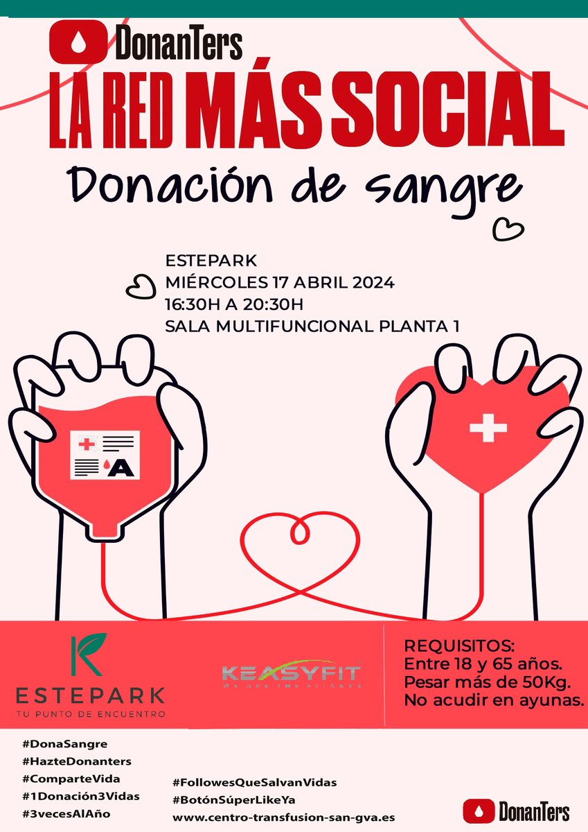 🩸#Estepark es punto oficial de donación de sangre en Castellón este 17 de abril.

Con #donacióndesangre ayudas a 3 personas que lo necesitan. 

¿Vienes a donar?

#donanters #lafábricadelavida #Castellón