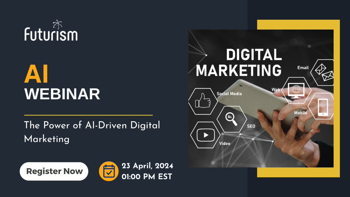 We're inviting you all to a special #webinar: 'The Power of AI-Driven #DigitalMarketing', on April 23, 2024, at 1:00 PM EST. Understanding how #AI is changing the game in marketing. Register for FREE: campaign.futurismtechnologies.com/campaign/ai-di… #GrowthHacking #ArtificialIntelligence #AIrevolution