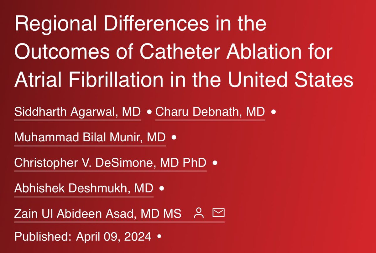 🚨🔥Excited to share our recent 📝on the 🗺️ Regional Differences in the Outcomes of Patients Undergoing⚡️AF Ablation in the 🇺🇸 Extremely grateful for the guidance and mentorship of @ZainAsadEP @DrDeese99 @abhishek_mbbs @drbilalmunir heartrhythmjournal.com/article/S1547-…