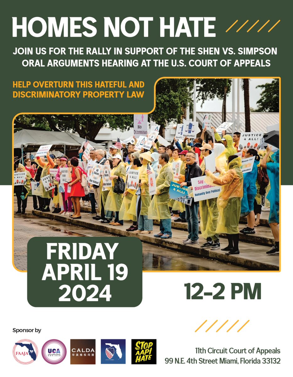 Join us for the Rally of 4/19 12-2 PM ET to oppose a new round of the Chinese Exclusion Act. Florida SB264. Address: 11th Circuit Court of Appeals, 99 NE 4th ST, Miami, FL 33132.