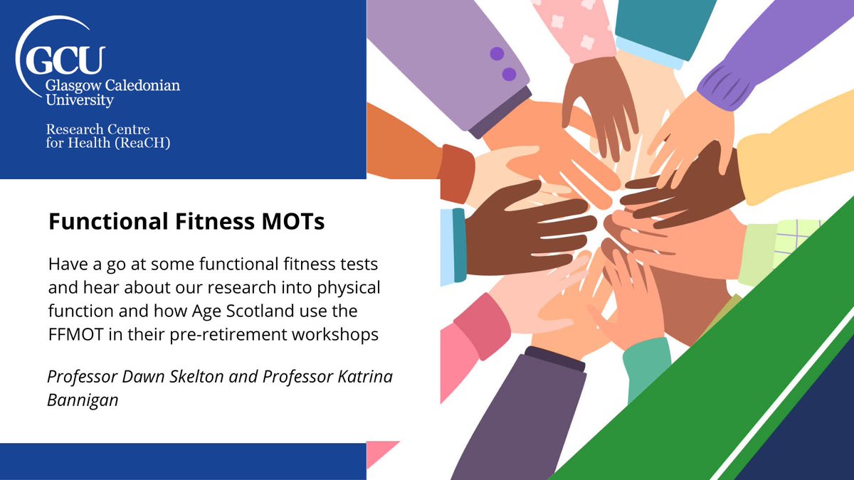 Have a go at Functional Fitness tests, hear about our research into physical function and how Age Scotland use Functional Fitness MOTs in their pre-retirement workshops with Profs Dawn Skelton and @KatrinaBannigan 🗓️Tuesday 23rd April, 12-12:45pm 📲bit.ly/3vSmUSP