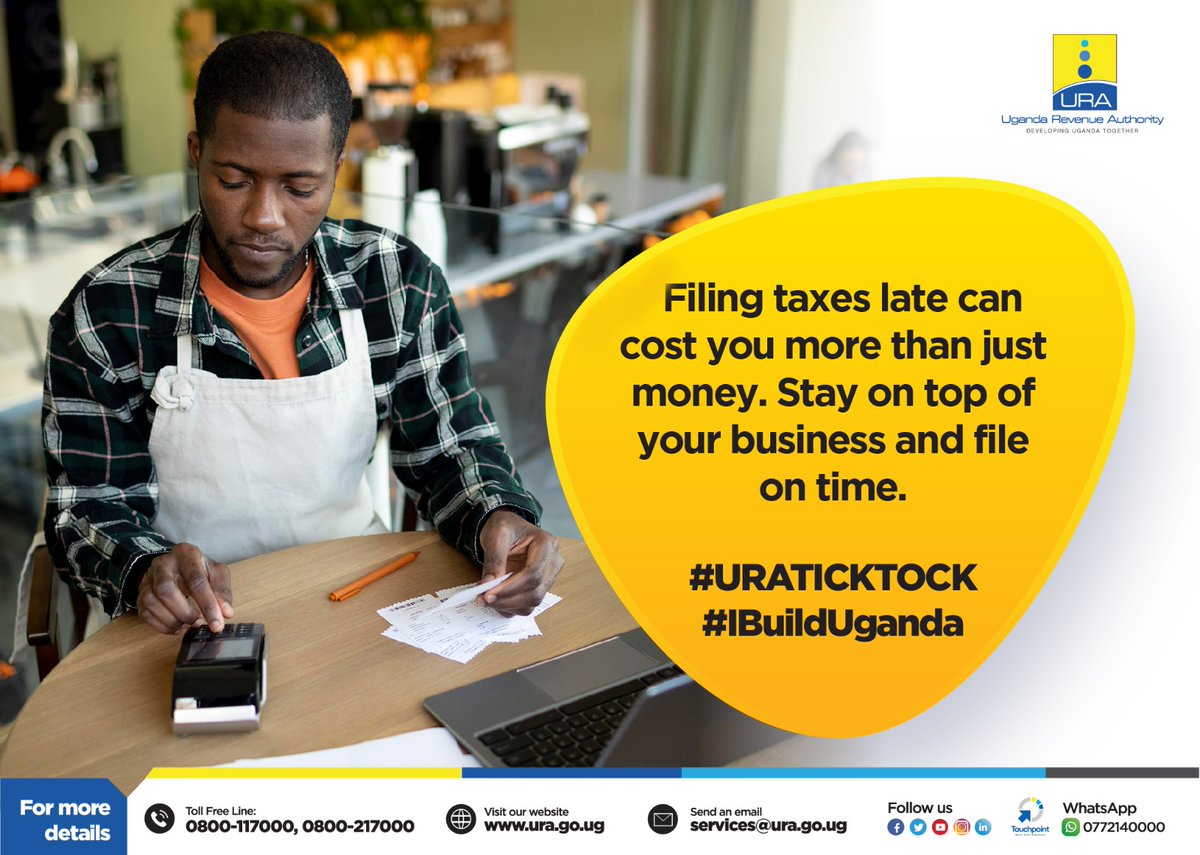 Stay on top of your business by filing and paying your tax returns early....

#URATicktock
#IBuildUganda