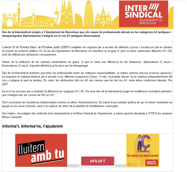 Des de @LaIntersindical exigim a l’@bcn_ajuntament que els cossos professionals A2 s’integrin en el cos A1. #equiparacióJa