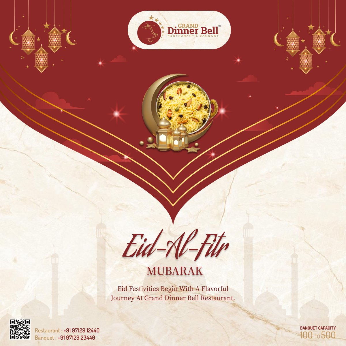 Eid-Al-Fitr Mubarak
Eid festivities begin with a flavorful journey at Grand Dinner Bell Restaurant.

#eidalfitr #eidmubarak2024 #eid #festivalvibes #celebration #eidoutfit #eidcollection #eidulfitr #happyeid #Granddinnerbell #Dinnerbell1 #Restaurant #Banquet #Memnagar  #Ahmedabad