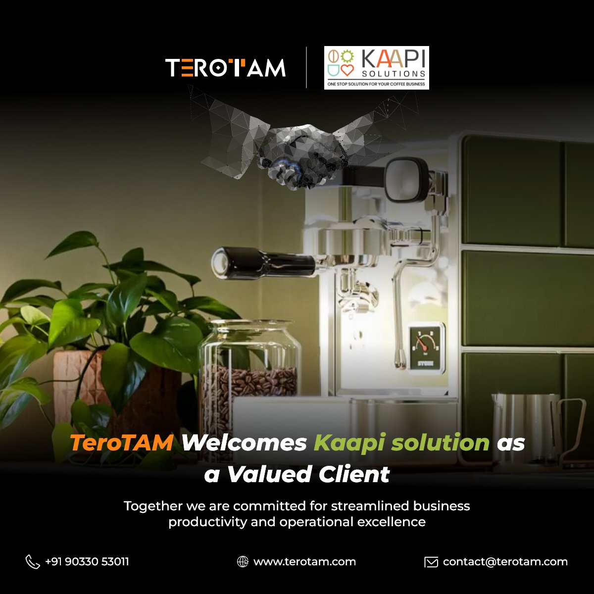 Exiting News..!! Welcome #KaapiSolutions to the #TeroTAM Clientele Family! Excited to have you join us. Together, we'll keep those coffee machines brewing smoothly!

#TeroTAM #KaapiSolutions #clientonboarding #clientsuccess #CMMS