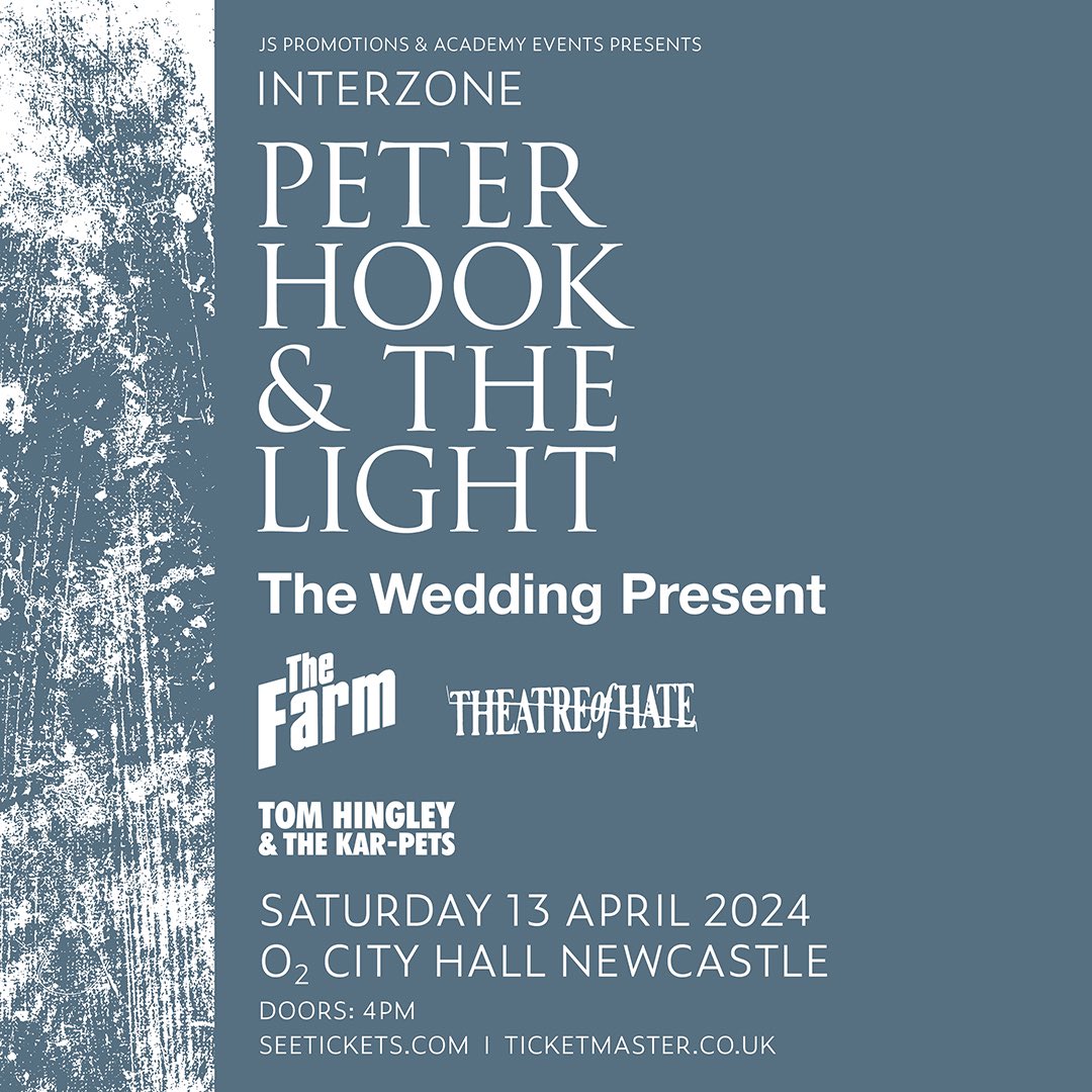 Stage times for Newcastle on Saturday: Doors @ 16:00 @tomhingleymusic @ 16:25 Theatre of Hate @ 17:40 The Farm @ 19:00 @weddingpresent @ 20:20 Peter Hook & The Light @ 21:40 Curfew @ 23:00 Passouts permitted until 19:00 only. Final tickets: seetickets.com/event/interzon…