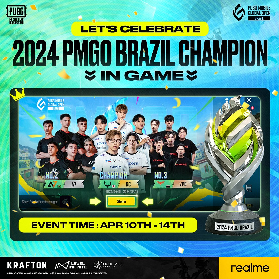 🎉Join the in-game celebration for the 2024 PMGO BRAZIL CHAMPION! 🏆Share the PMGO champion photo to win rewards! Event runs from April 10th to 14th. Don't miss out! 📸 #pubgmobile #pubgm #pmgo #pmgo2024 #pubgmesports #pubgmobileesports #GOBEYONDTHETOP