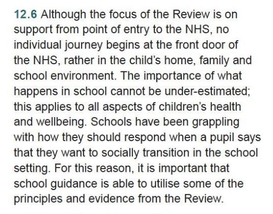 The #CassReview is rightly being cast as a healthcare issue, but the role played by school policies, practices and teaching in influencing childhood trans self identification must be urgently addressed in order to stem the #SchoolToClinicPipeline @GillianKeegan @educationgovuk