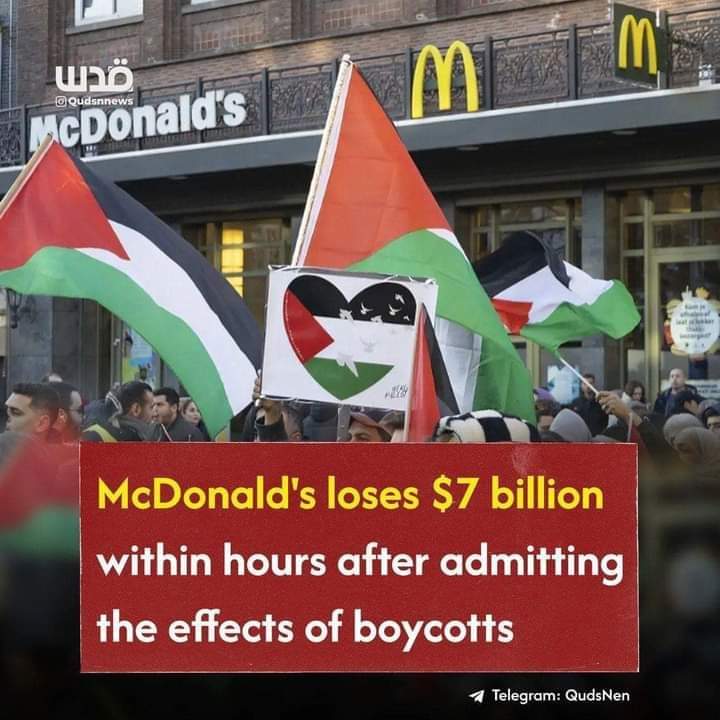 Keep it up 💪
Your small effort works 💪

#BoycottMcDonald #BoycottCocaCola #BoycottStarbucks #BoycottIsrealProducts #Boycott #BoycottKFC