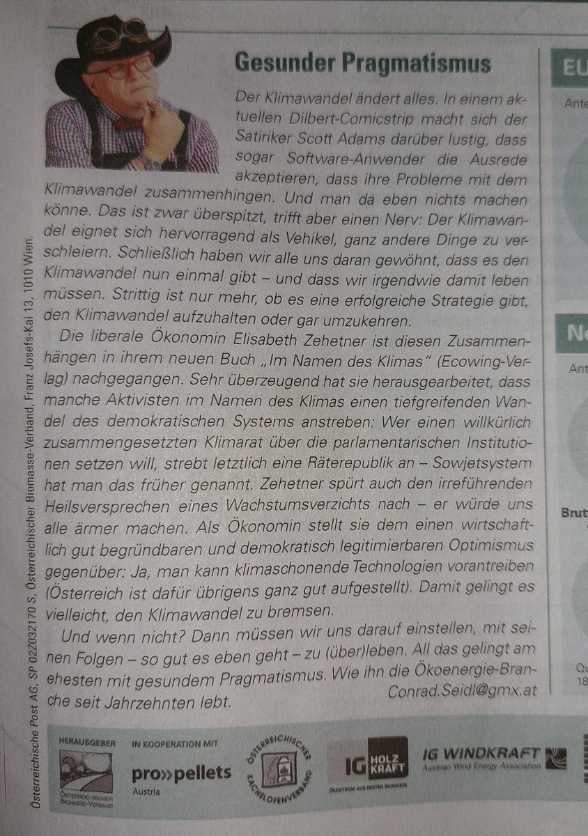 Herzliche Gratulation an die Wirtschaftslobby! Selbst die Zeitung der Erneuerbaren zitiert auf Seite 1 die Chefin des ÖVP-nahen Vereins @oecolution als Klimaexpertin und bezeichnet sie als 'sehr überzeugend'. Ein Thread über erfolgreiche Blockierer in der Klimapolitik: 1/