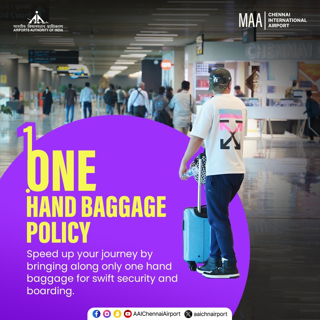 Follow one hand baggage policy for quick and smooth security check and boarding! #ChennaiAirport #AAI #Chennai #Airport #MAAAirport #Aviation #AAIAirports @AAI_Official | @MoCA_GoI