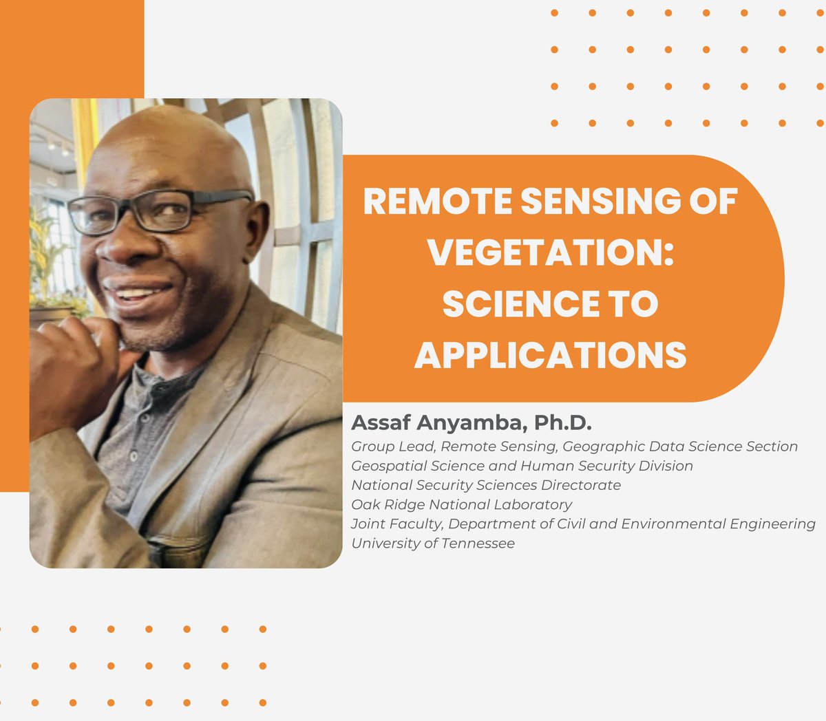 Join us for our colloquium this week with Dr. Assaf Anyamba, Group Lead in the Remote Sensing, Geographic Data Science Section in the Geospatial Science and Human Security Division at Oak Ridge National Laboratory. 📆 April 11, 2024 ⏰ 4:05-5:20 p.m. 📍 Student Union 169