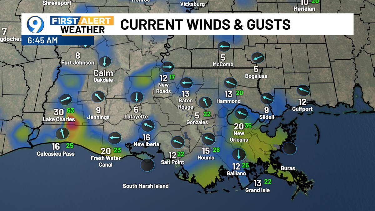 63 mph wind gust just reported in Lake Charles in association with a squall line racing eastward. #LAwx