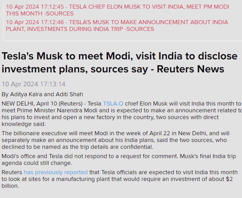 Breaking @Reuters: Tesla chief Elon Musk to visit India, meet PM Modi this month. Set to make an announcement about plant, investments in the country. With @aditishahsays 🚨