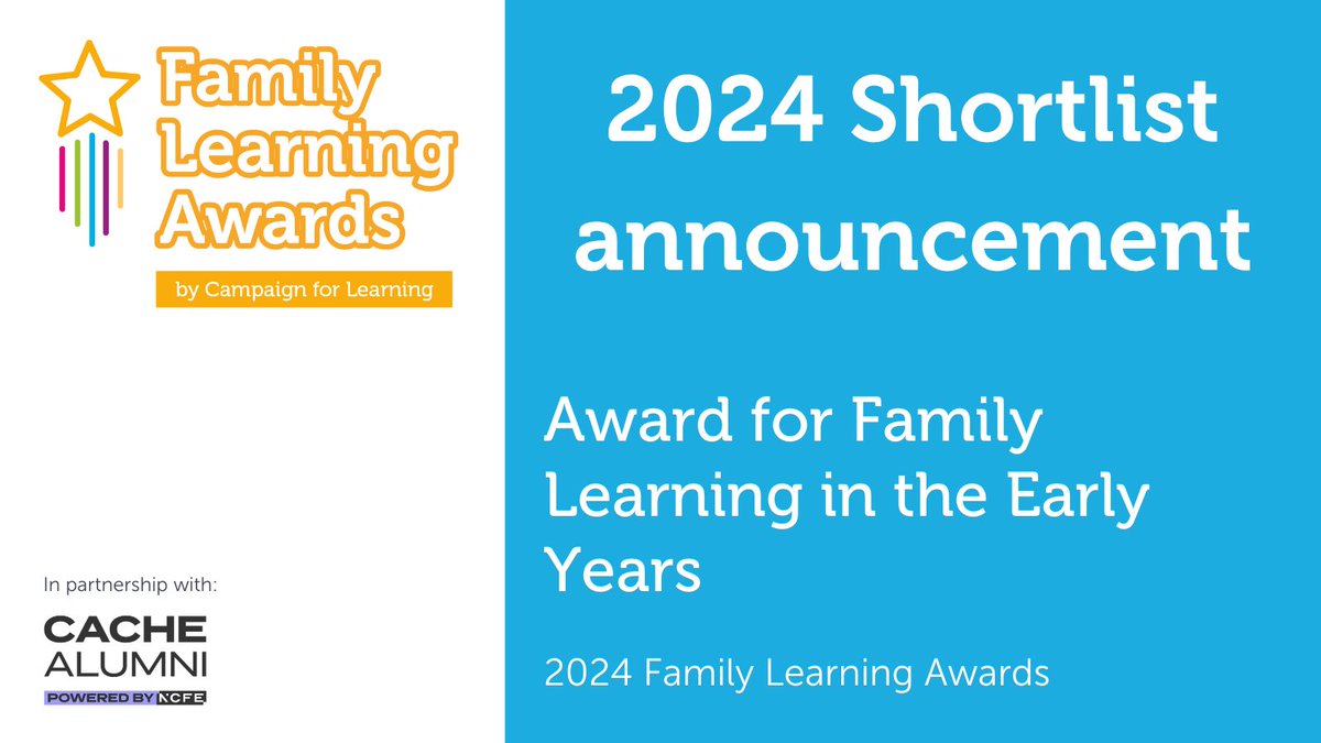 Campaign for Learning (@cforlearning) on Twitter photo 🎉Congratulations to <a href="/nustem_uk/">NUSTEM</a>, <a href="/lancslibraries/">Lancashire Libraries</a> and <a href="/cavc_community/">CAVC in the Community</a>/<a href="/cavc_FLT/">Families Learning Together CAVC</a>/<a href="/cavc/">Cardiff and Vale College | Coleg Caerdydd a’r Fro</a> who have been shortlisted for the Award for Family Learning in the Early Years in partnership with @cache_alumni
Watch out for the case studies about these fantastic projects and programmes in 🎉Congratulations to <a href="/nustem_uk/">NUSTEM</a>, <a href="/lancslibraries/">Lancashire Libraries</a> and <a href="/cavc_community/">CAVC in the Community</a>/<a href="/cavc_FLT/">Families Learning Together CAVC</a>/<a href="/cavc/">Cardiff and Vale College | Coleg Caerdydd a’r Fro</a> who have been shortlisted for the Award for Family Learning in the Early Years in partnership with @cache_alumni
Watch out for the case studies about these fantastic projects and programmes in