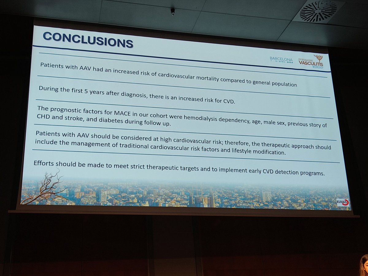 Beatrice Sánchez Alamo talking about AAV and cardiovascular comorbidities at @VasculitisBCN24 The message was clear and loud! Treat patients who are at risk of developing cardiovascular disease. #VasculitisBCN2024 @Robsonjo4 @AKronbichler @vascuk @IrishVasculitis @vasculitides